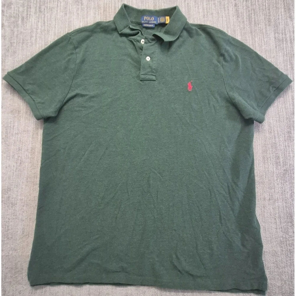 Polo Ralph Lauren Custom Slim Fit men's green polo XL red pony logo 100% Cotton